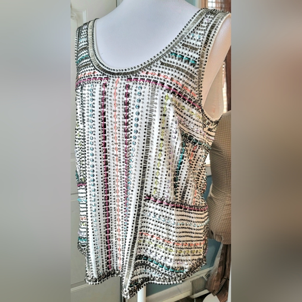 Parker Beaded Sequin Stud Embellished Sleeveless Blouse Womens S Cream Neon Meta